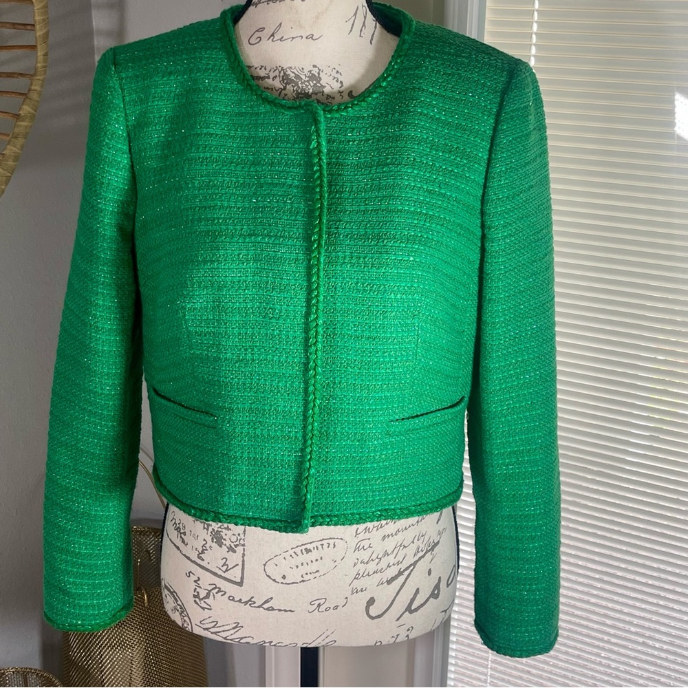 J. Crew Louisa Lady Summer Green Sequin Tweed Knit Gold Button Jacket | Size 6
